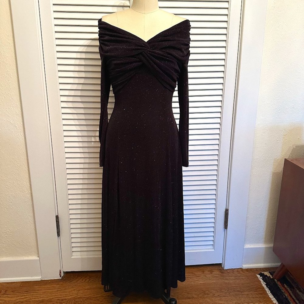 VINTAGE 1990s MODA INT'L L/S FORMAL DRESS. BLACK W MULTI GLITTER. SZ MEDIUM.